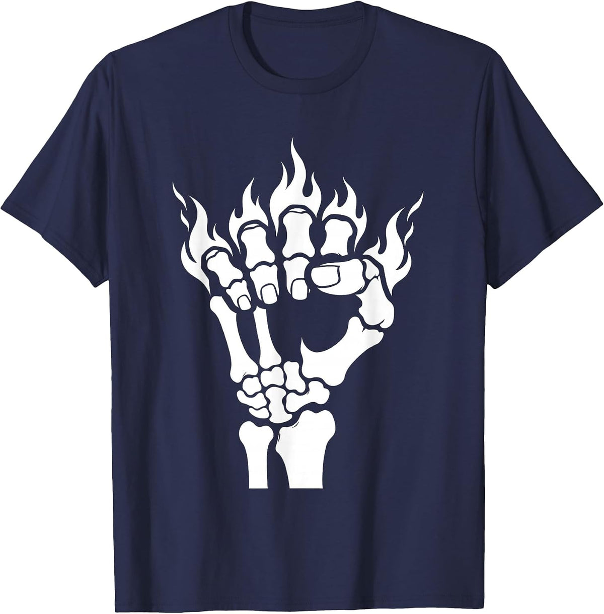 Skeletal Fist Fire Burning Knuckles Graphic T-Shirt - Navy Blue