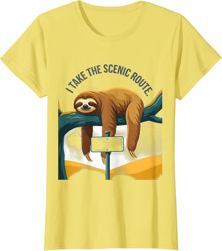 Women's I Take The Scenic Route Funny Sloth Lover Lazy Humor Gift T-Shirt - Lemon Yellow