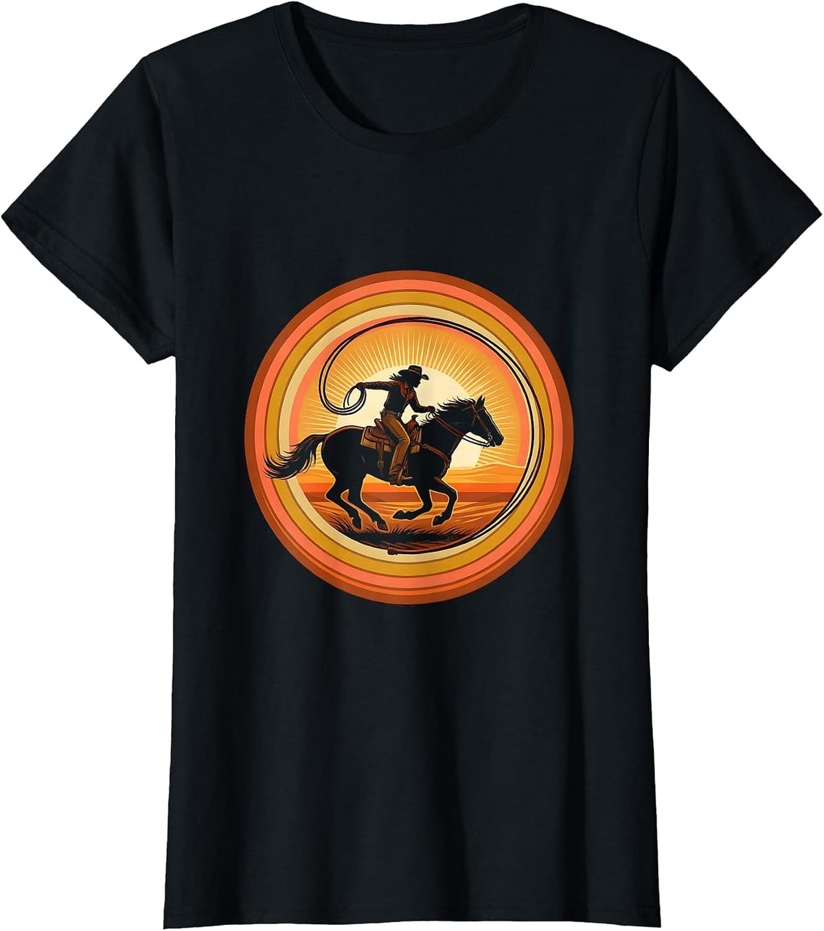 Cowgirl Twirling Rope on Horseback Illustration T-Shirt - Black