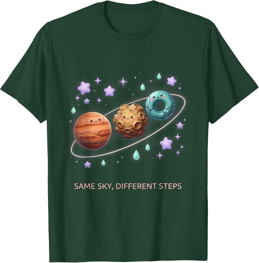 Men's Same Sky Different Steps Cute Kawaii Neurodiverse Universe T-Shirt - Dark Green