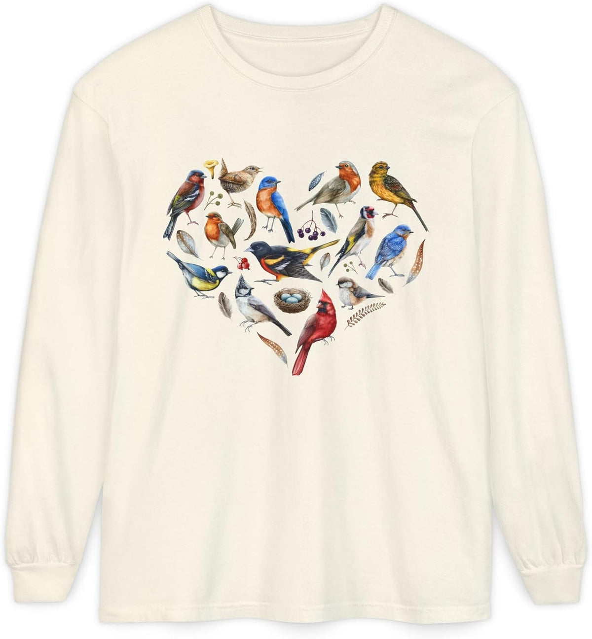 The Nerdy Birder Bird Heart Unisex Garment-Dyed Long Sleeve T-Shirt - Ivory