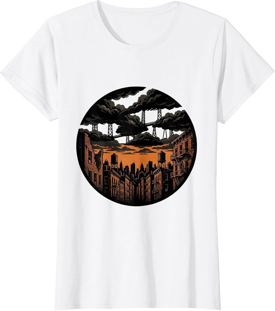 Women's Grunge Weathered Cityscape Stormy Sky Design T-Shirt - White