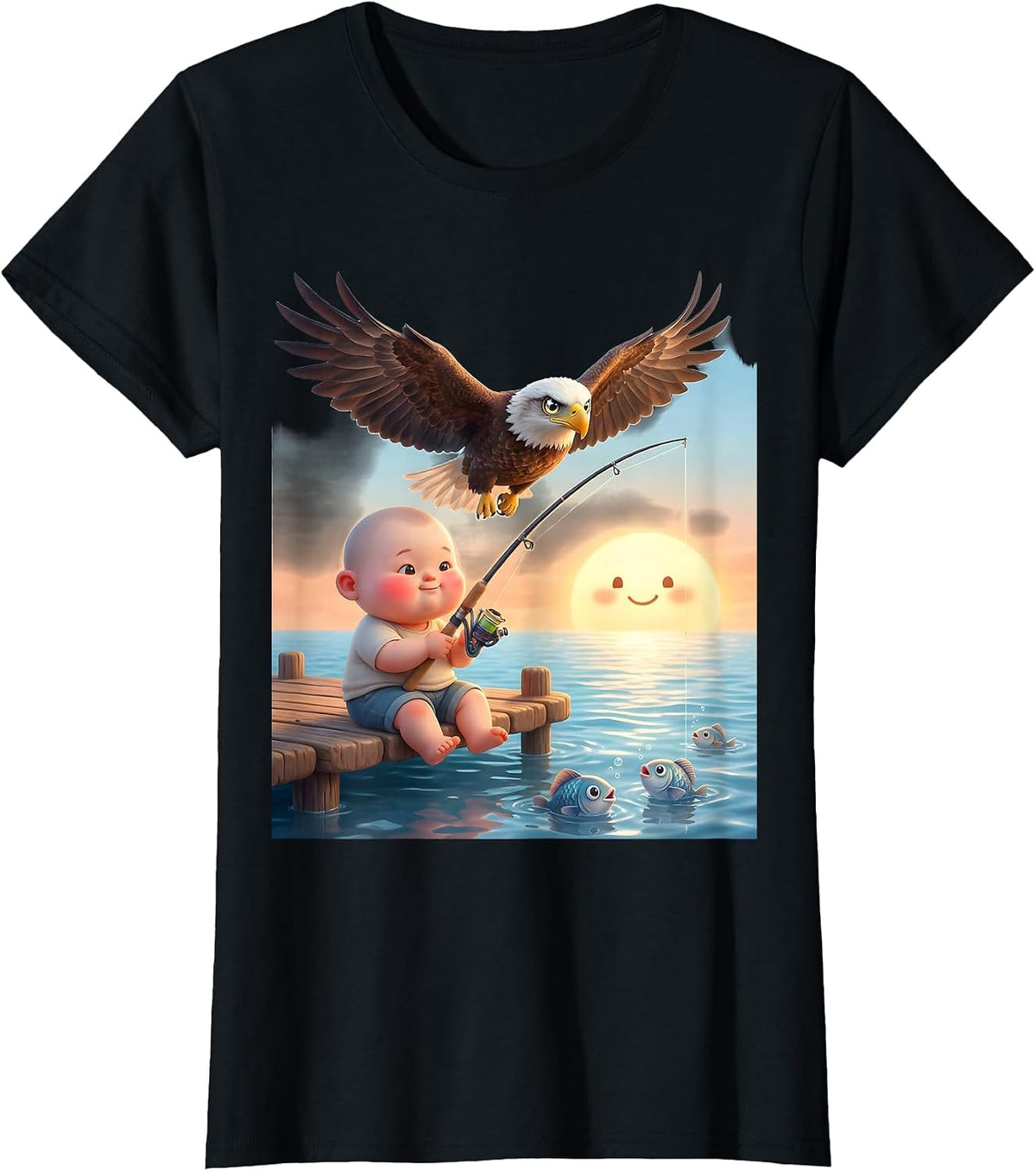 Women's Patriotic Kids Fishing at Sunset Eagle Design T-Shirt - Black
