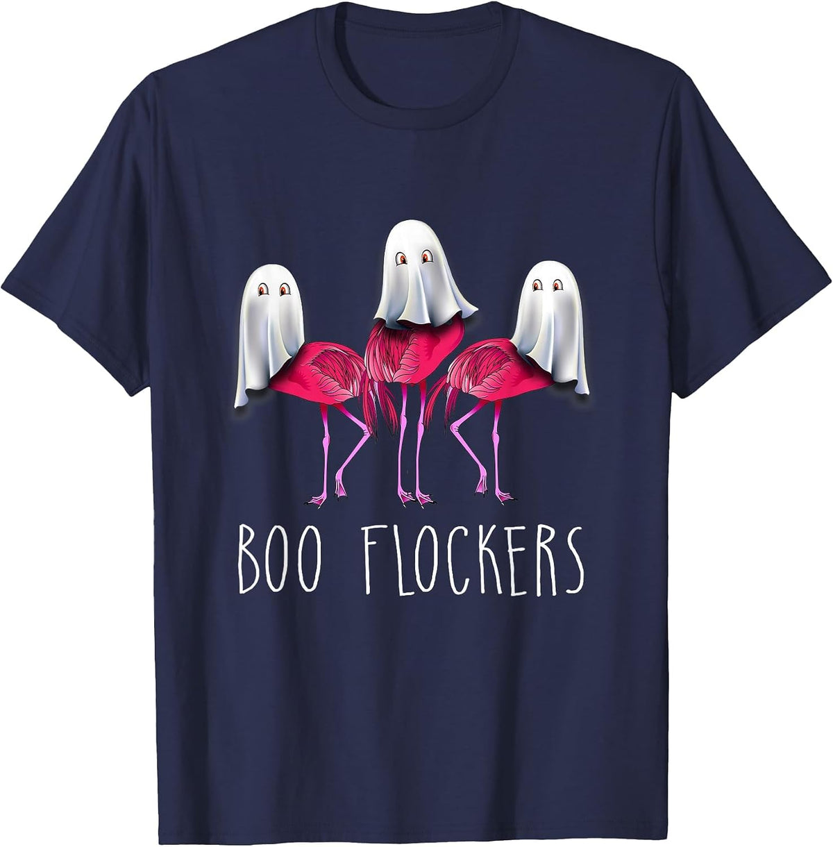 Boo Flockers Funny Flamingo Ghost Halloween Costume T-Shirt - Navy Blue