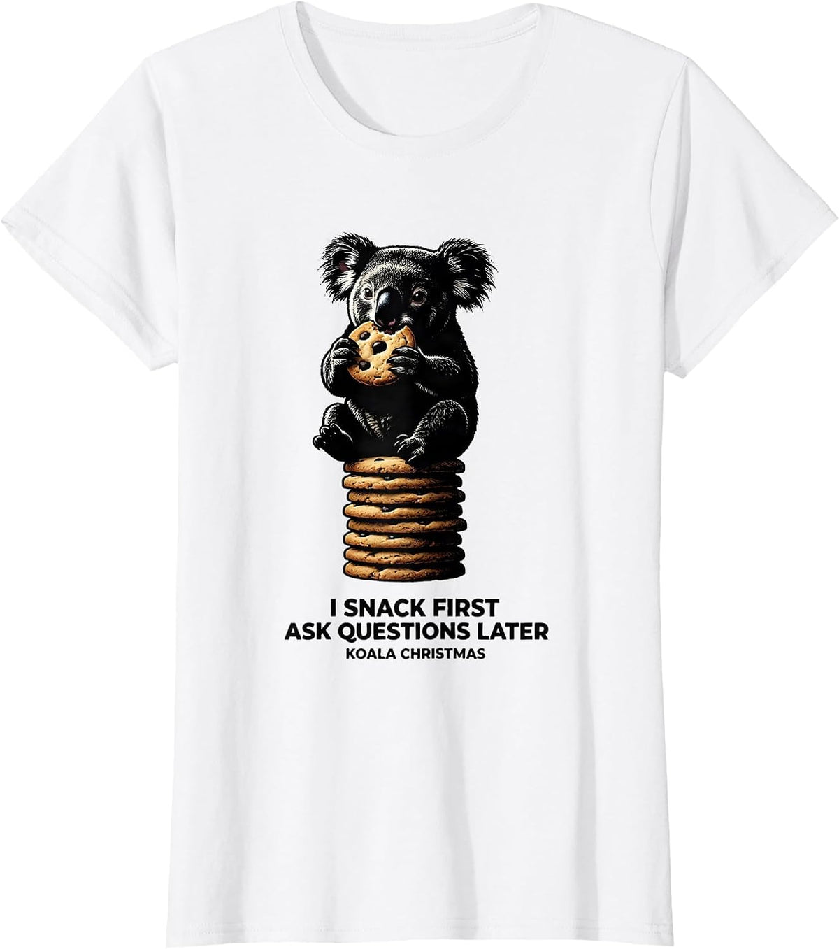 Women's I Snack First, Ask Questions Later Koala Christmas Cute T-Shirt - White