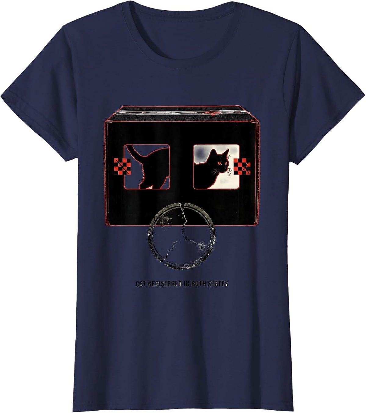 Women's Cat Registered In Both States Quantum Physics Science Humor T-Shirt - Navy Blue