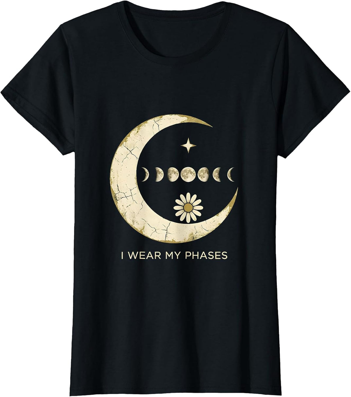 Women's I Wear My Phases Boho Celestial Moon Phase Astronomy T-Shirt - Black
