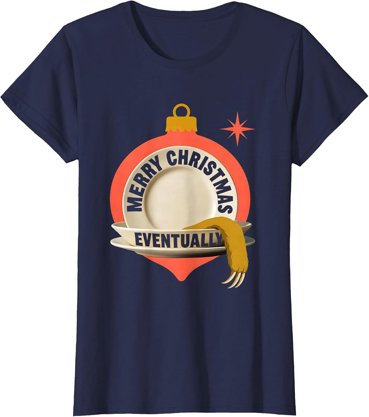 Women's Merry Christmas, Eventually Midcentury Modern Sloth Lover T-Shirt - Navy Blue