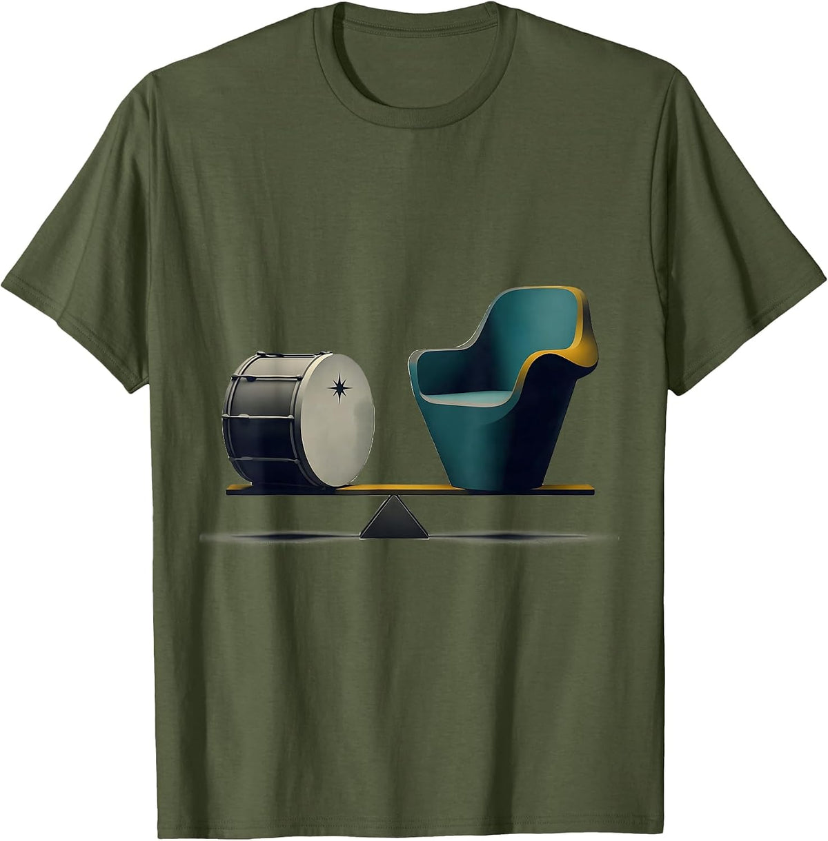 Men's Drummer Drum & Chair Midcentury Modern Humor T-Shirt - Olive Green