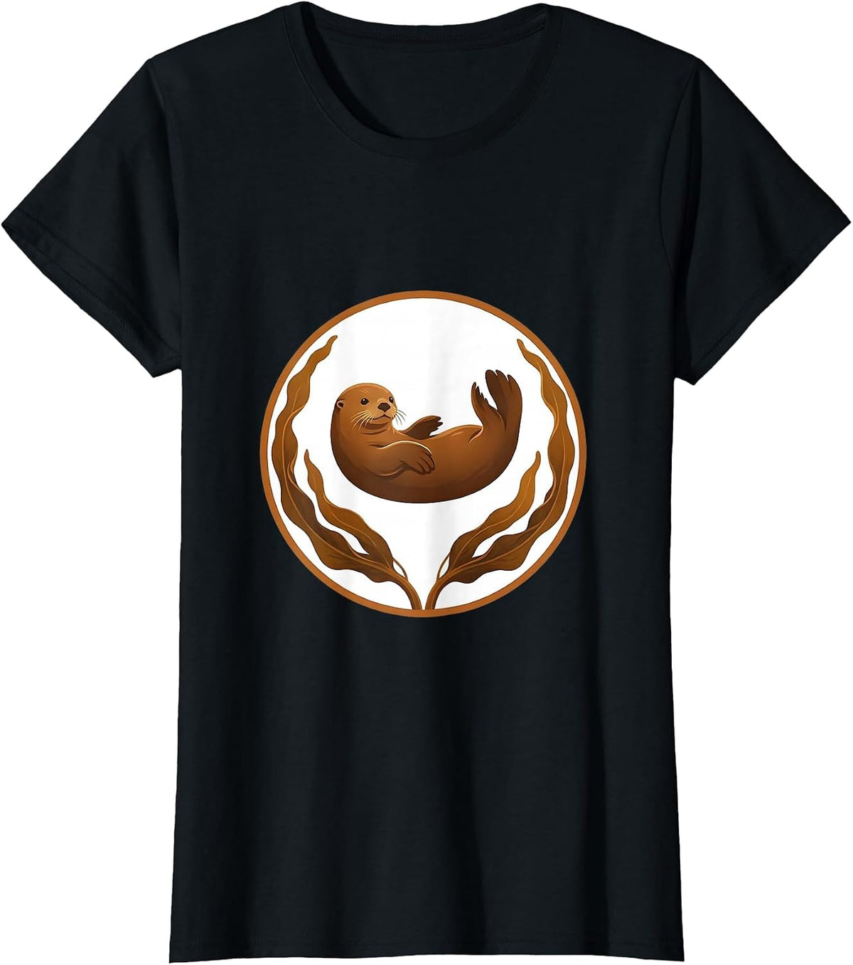 Alaska Sea Otter Floating on Kelp Illustration T-Shirt - Black
