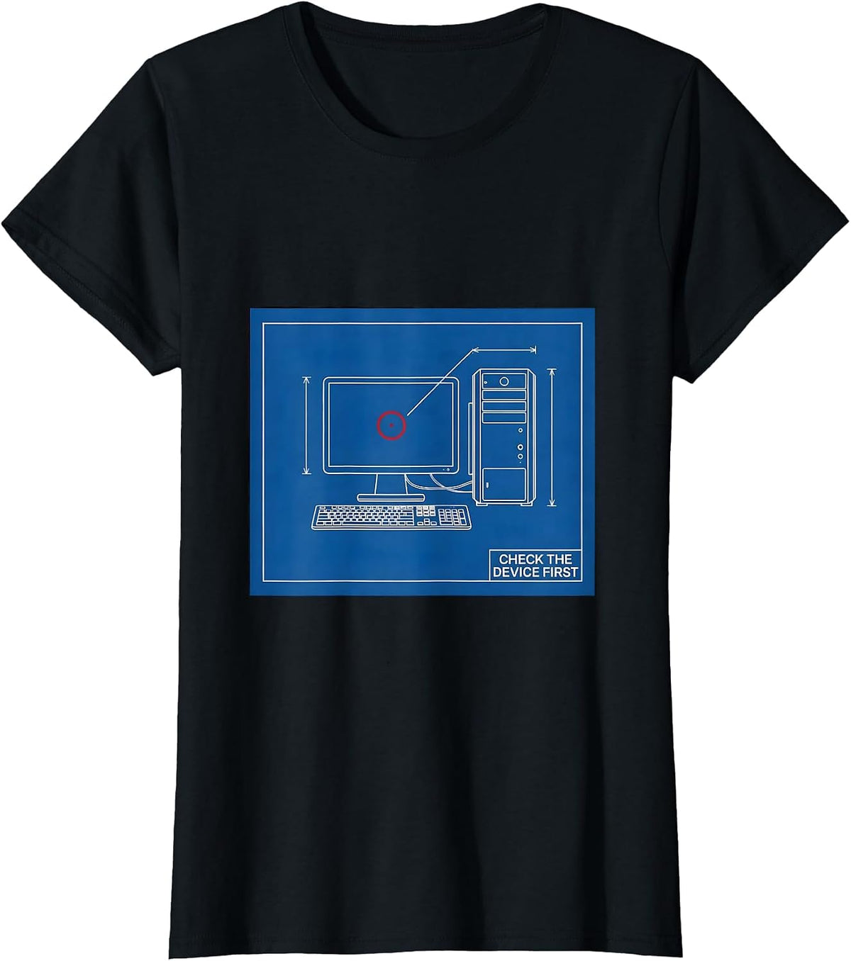Check The Device First Technical Blueprint IT Support Humor T-Shirt - Black