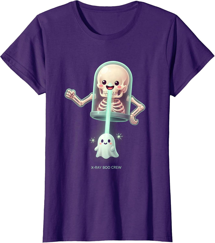 Women's X-Ray Boo Crew Cute Kawaii Halloween Radiology Tech Ghost T-Shirt - Purple
