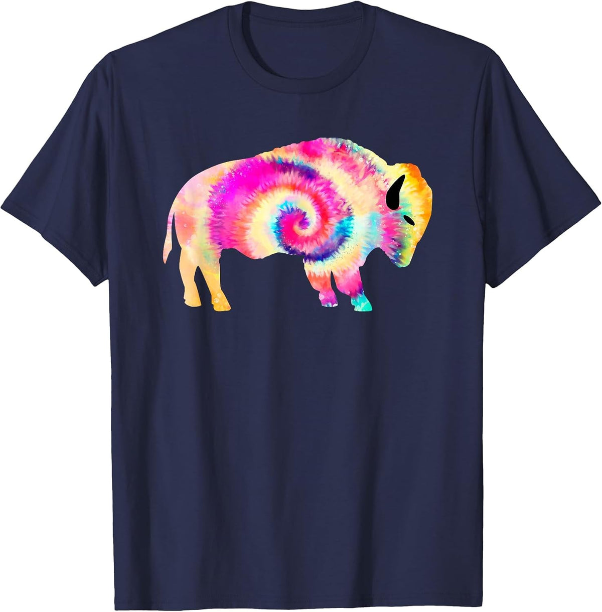 Rainbow Tie Dye Buffalo American Bison T-Shirt - Navy Blue