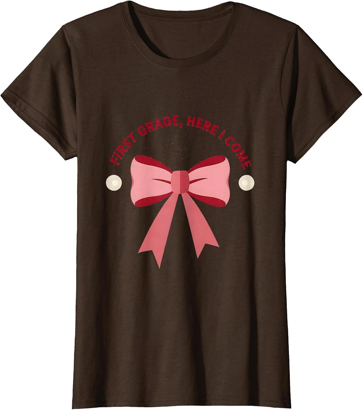 Women's First Grade Here I Come Coquette Ribbon Teacher Back T-Shirt - Brown