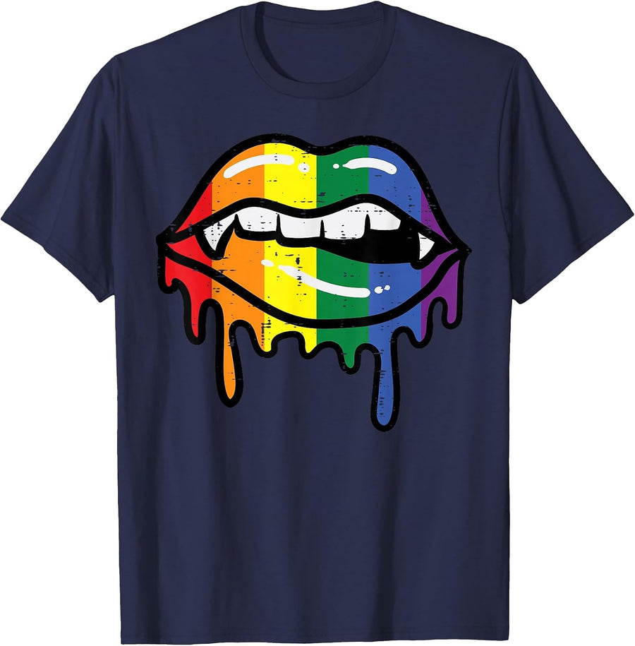 Gay Pride Lip Bite Drip Rainbow Flag LGBTQ Couple Women Men T-Shirt - Navy Blue