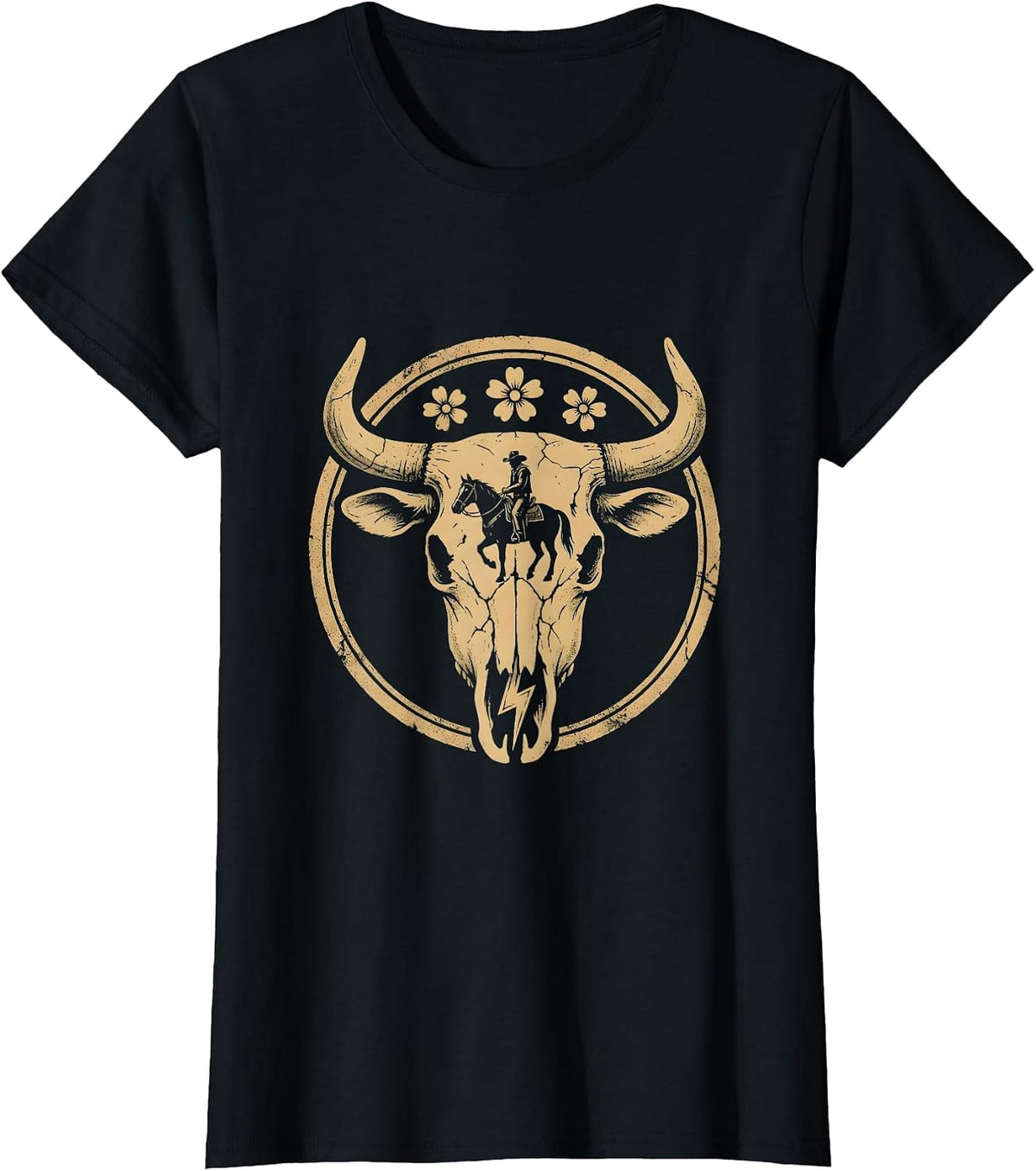 Cowboy Silhouette Riding Into Lightning Storm T-Shirt - Black