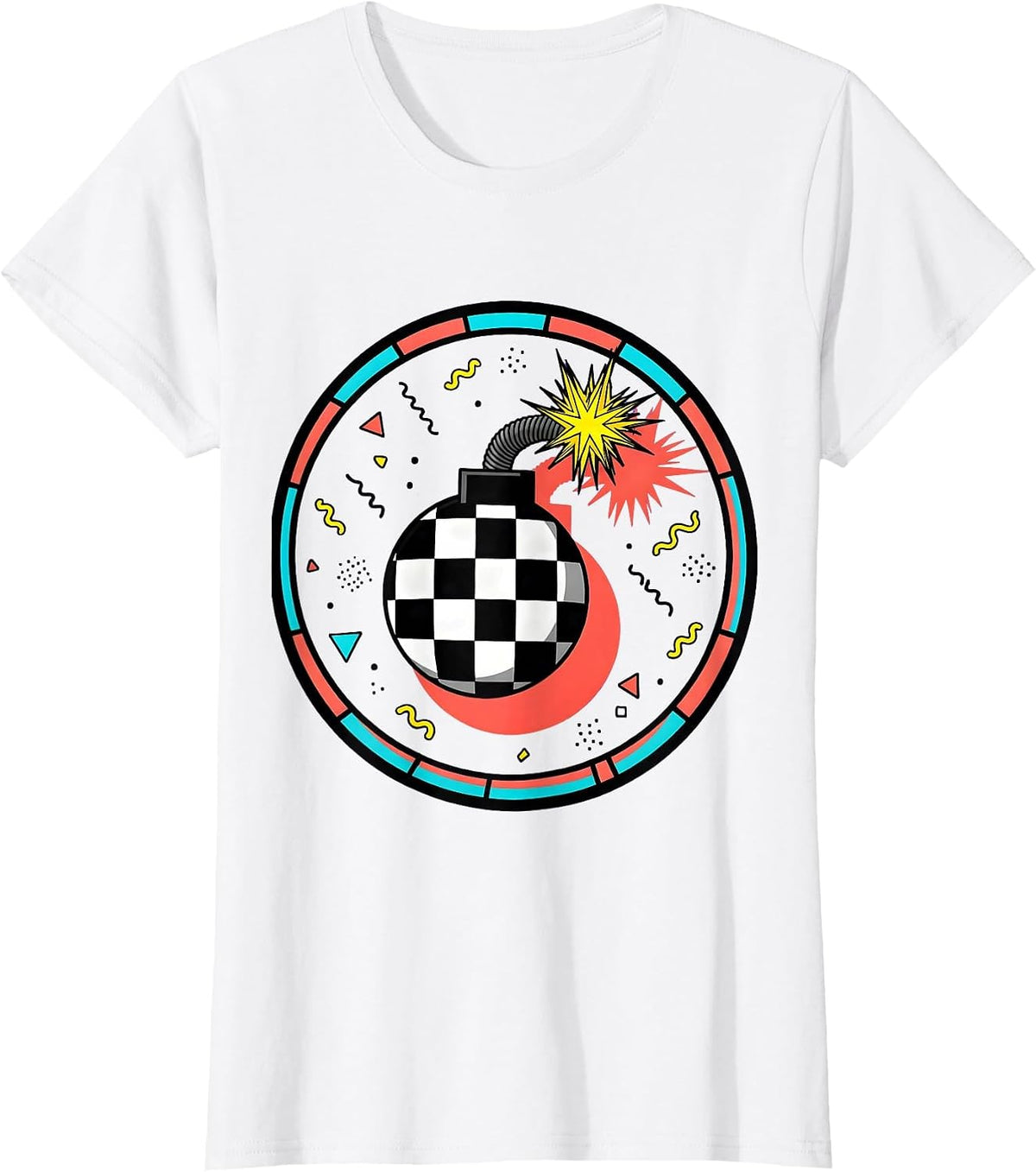Black and White Checkered Bomb Sparkling Fuse Design T-Shirt - White