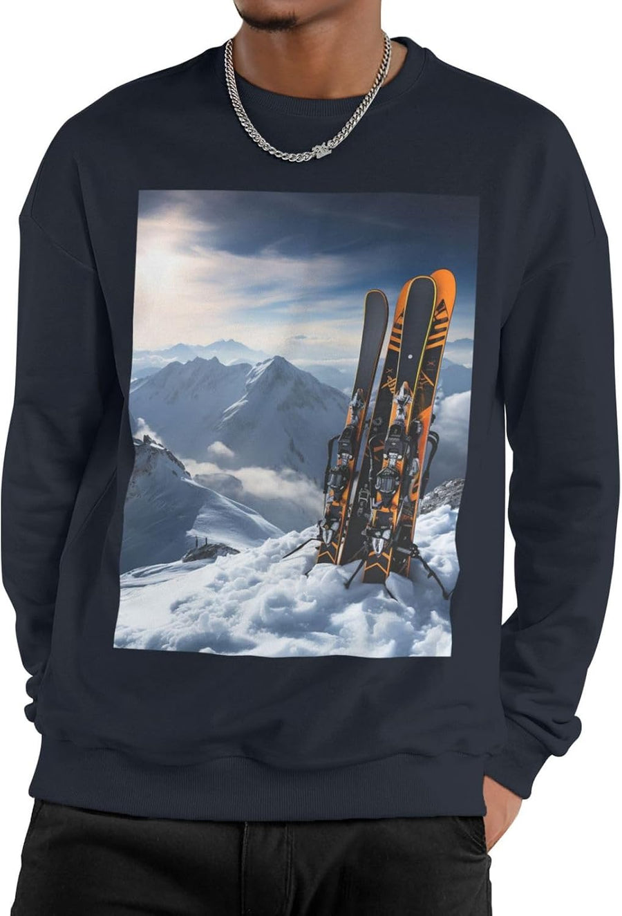 Men's Crewneck Sweatshirts Skis on mountain Long Sleeve Casual Basic Pullover Tops Sun Protection Shirts Navy Blue - As