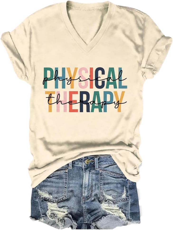 Physical Therapy Shirt Womens PTA Graphic Tee Short Sleeve V-Neck Physical Therapist Tshirt Cute PT Student T Shirt - Beige