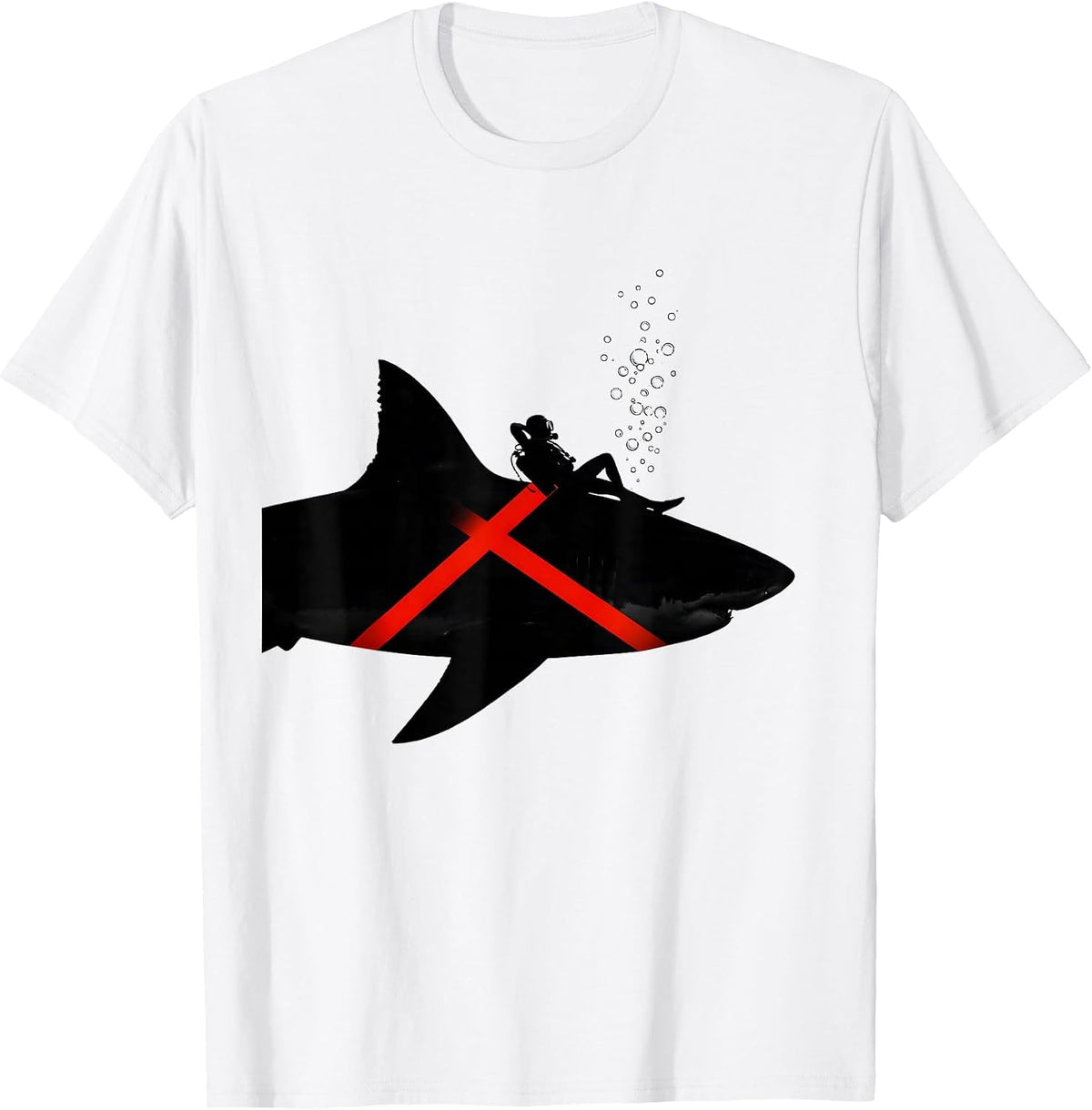 Men's Shark With Diver Silhouette Scuba Diving Humor T-Shirt - White