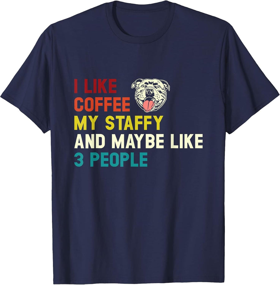 I Like Coffee My Staffy, Retro Staffordshire Bull Terrier T-Shirt - Navy Blue