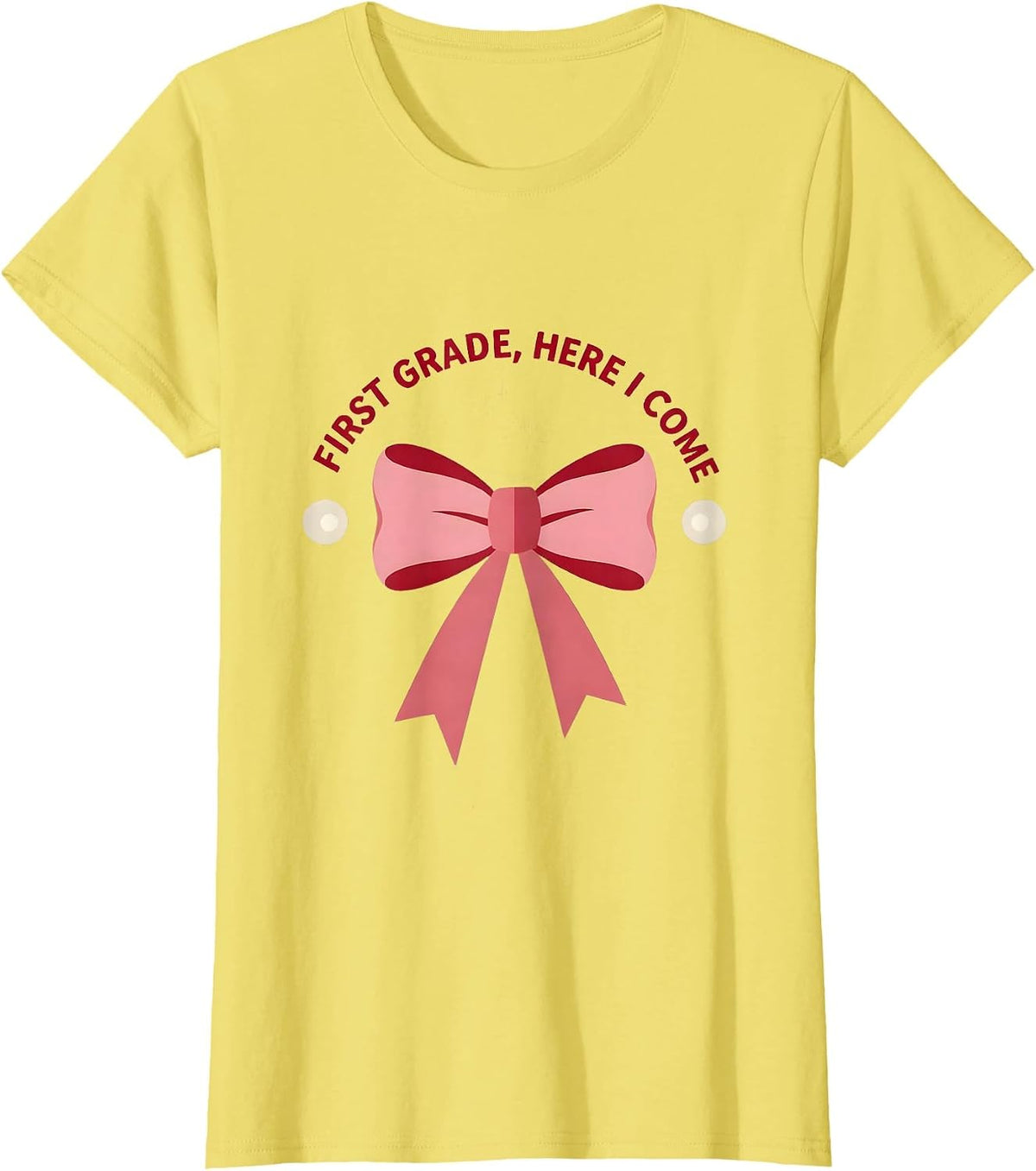 Women's First Grade Here I Come Coquette Ribbon Teacher Back T-Shirt - Lemon Yellow