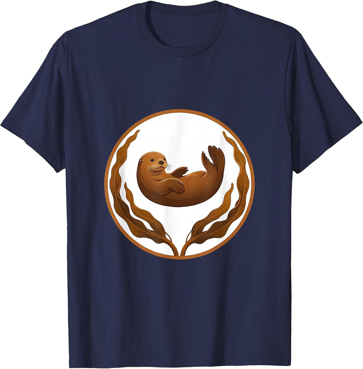 Alaska Sea Otter Floating on Kelp Illustration T-Shirt - Navy Blue
