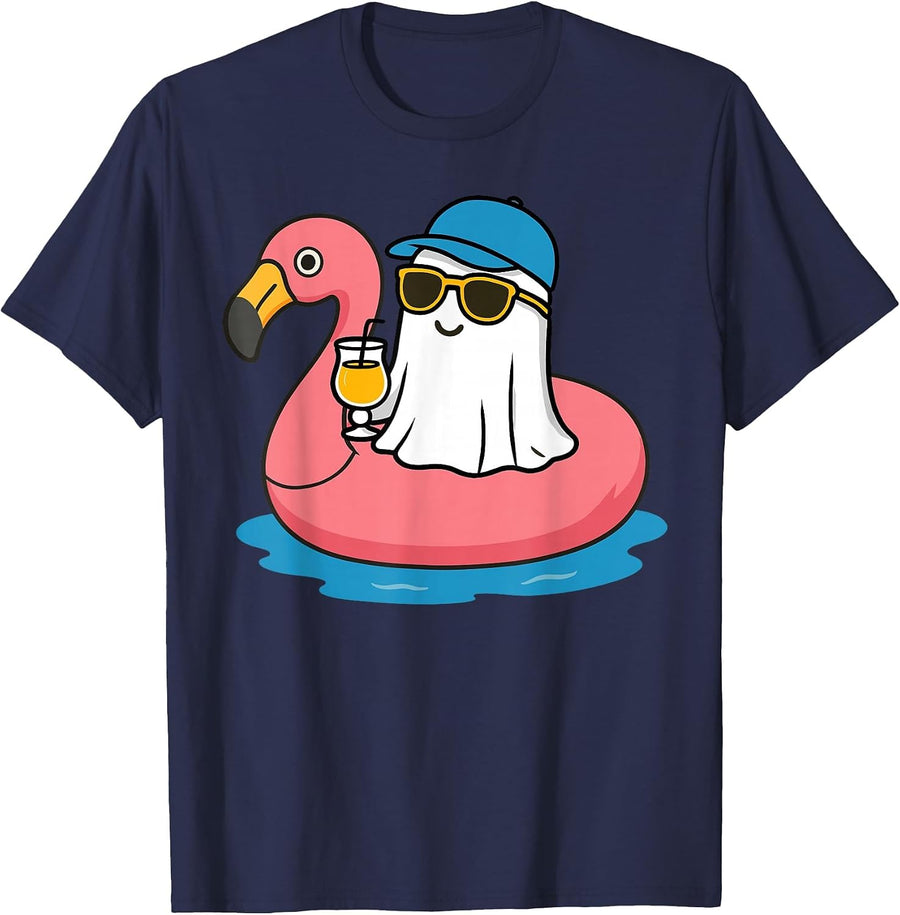 Summer Halloween in July Men Women Kids Flamingo Ghost T-Shirt - Navy Blue