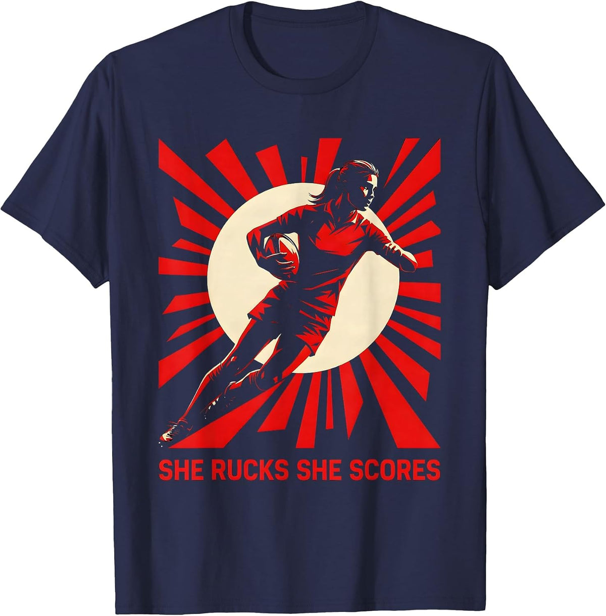 She Rucks She Scores Rugby Graphic Design T-Shirt - Navy Blue