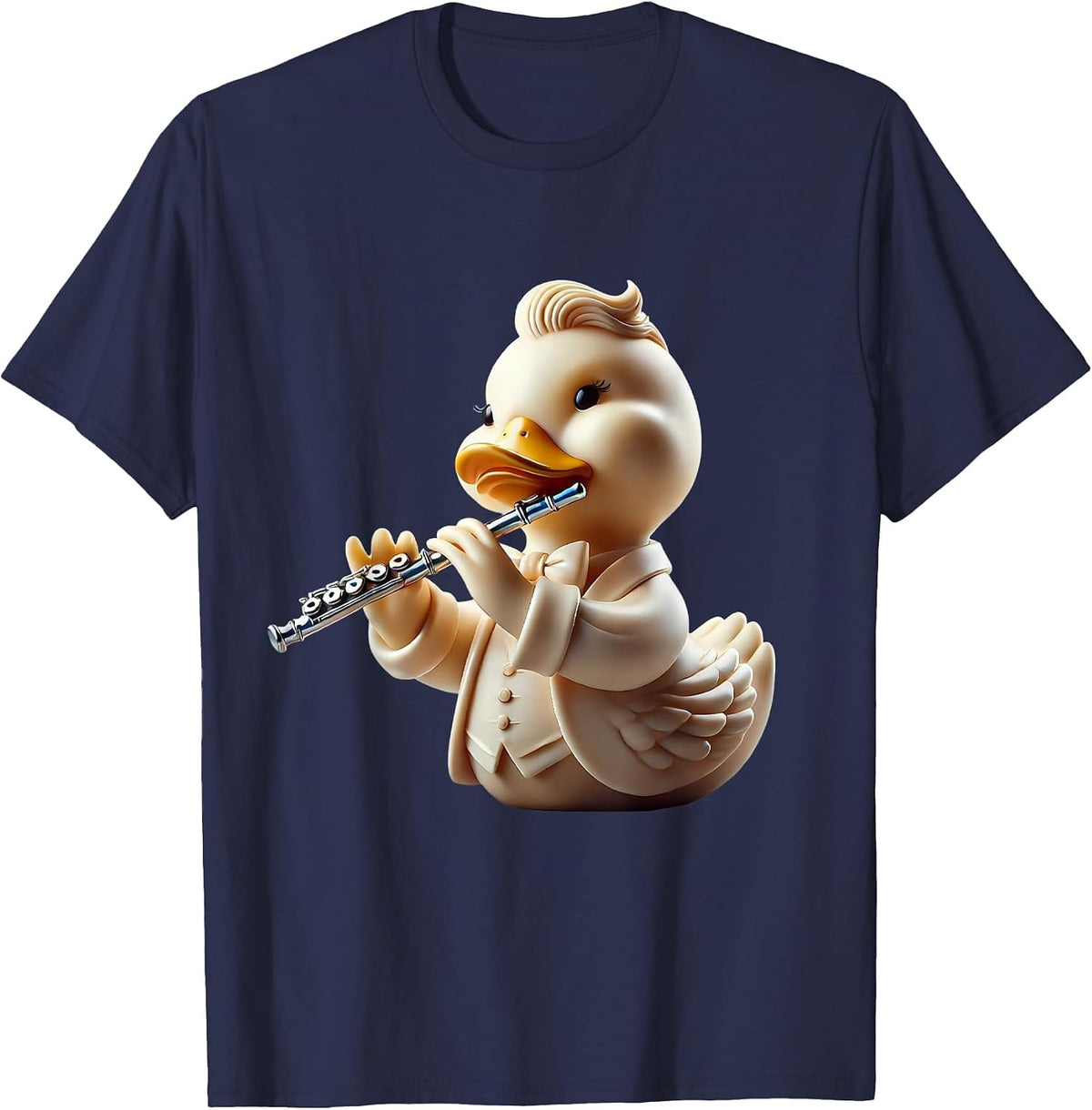 Rubber Duck Playing Flute Player Ducky Duckie T-Shirt - Navy Blue