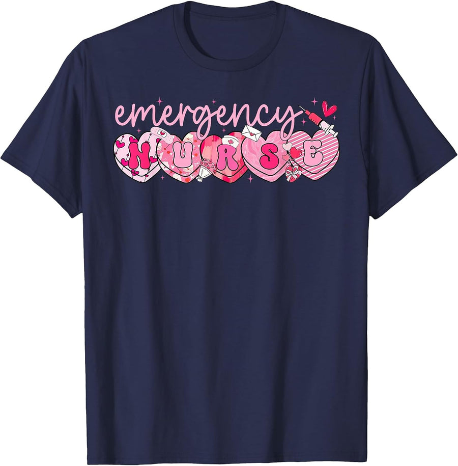 Valentine Emergency Department Nurse Hearts ER RN ED T-Shirt - Navy Blue