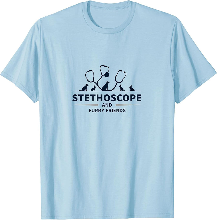 Stethoscope and Furry Friends Vet Med Design T-Shirt - Baby Blue