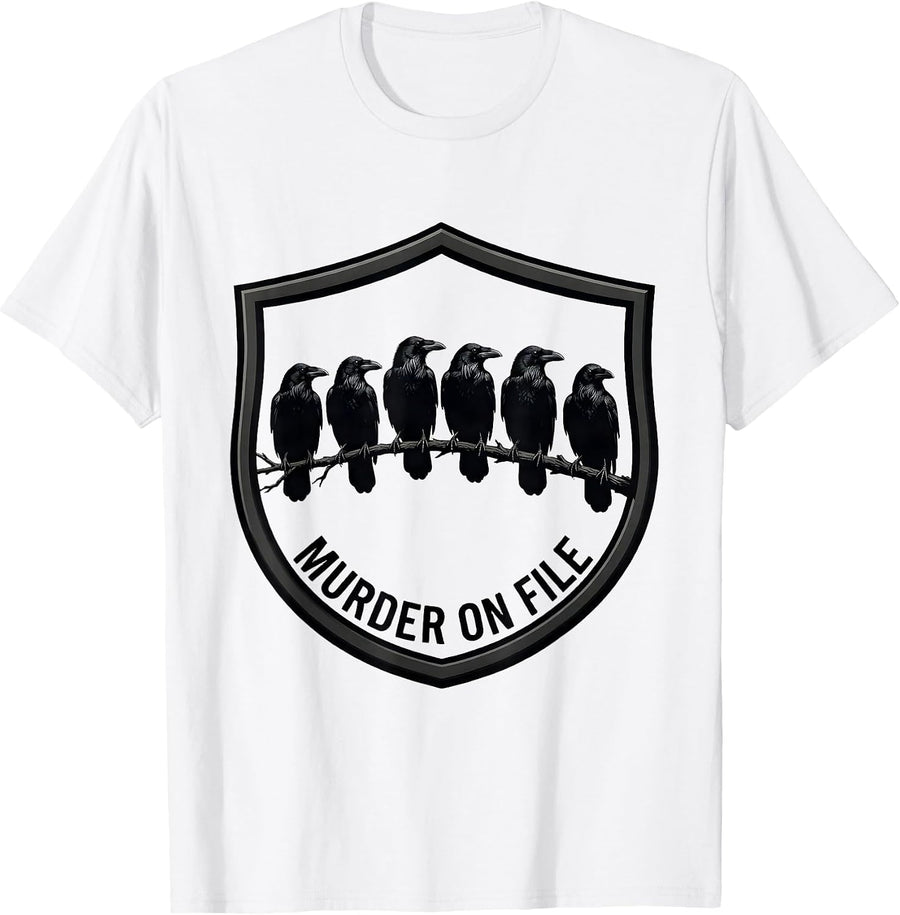 Men's Murder On File Silhouetted Crows Bird Lover Humor T-Shirt - White