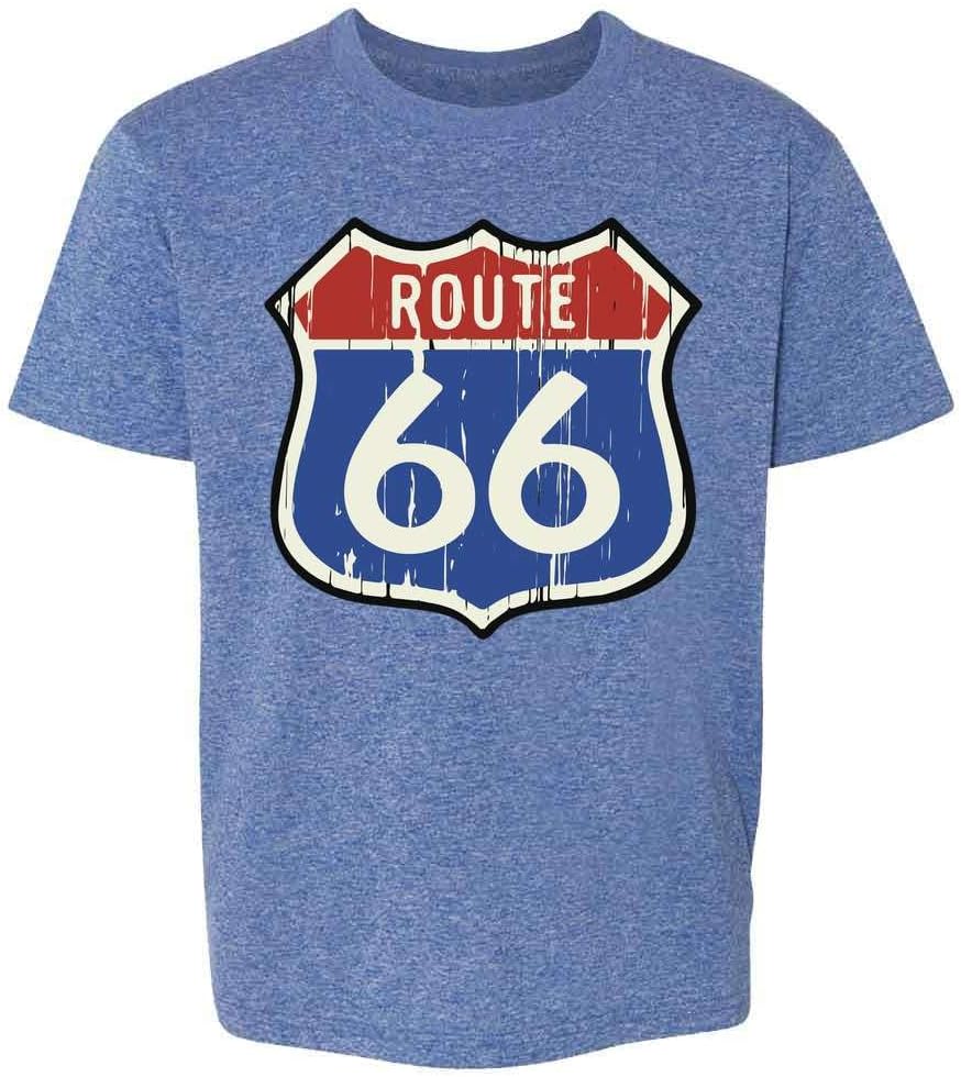 Pop Threads Route 66 Retro Highway Shield Travel T-Shirt Kids T-Shirt - | Heather Royal Blue