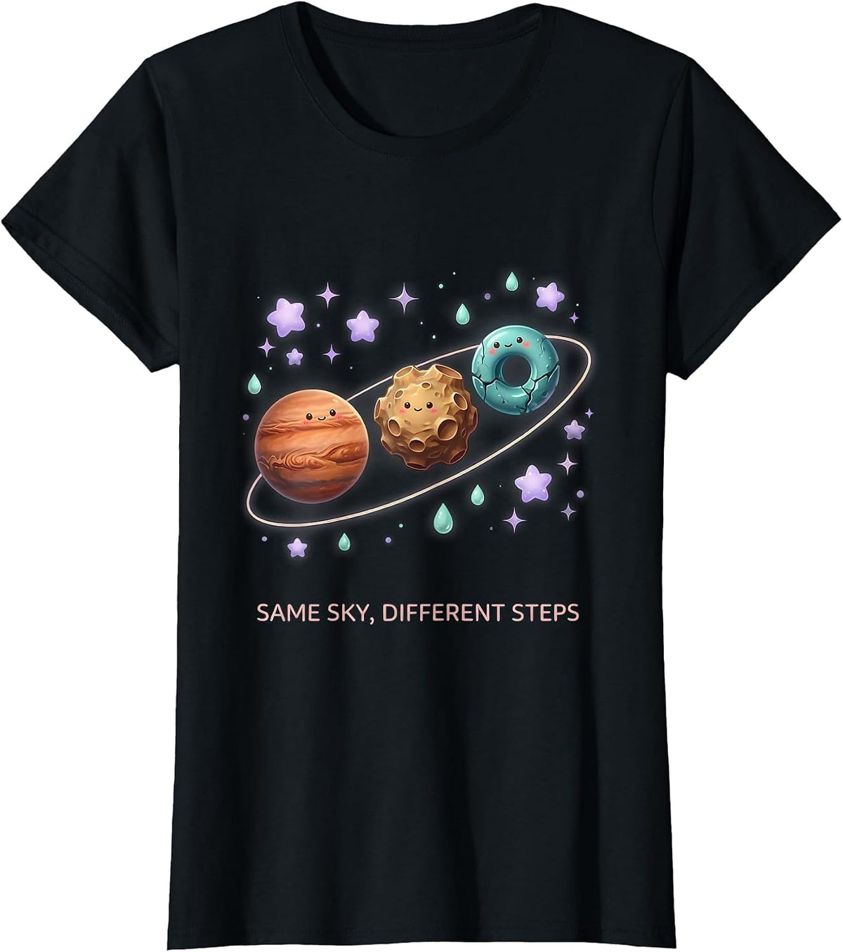 Women's Same Sky Different Steps Cute Kawaii Neurodiverse Universe T-Shirt - Black