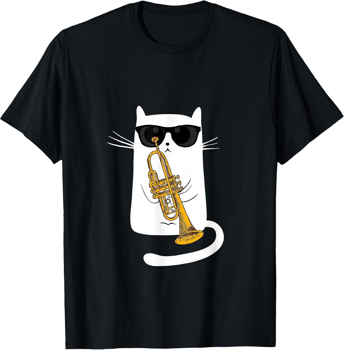 Jazz Cat Playing Trumpet - Hippy Hipster Kitty T-Shirt - Black