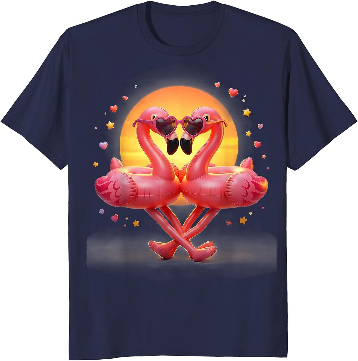 Pink Flamingo Heart Sunglasses Summer Vacation Party T-Shirt - Navy Blue