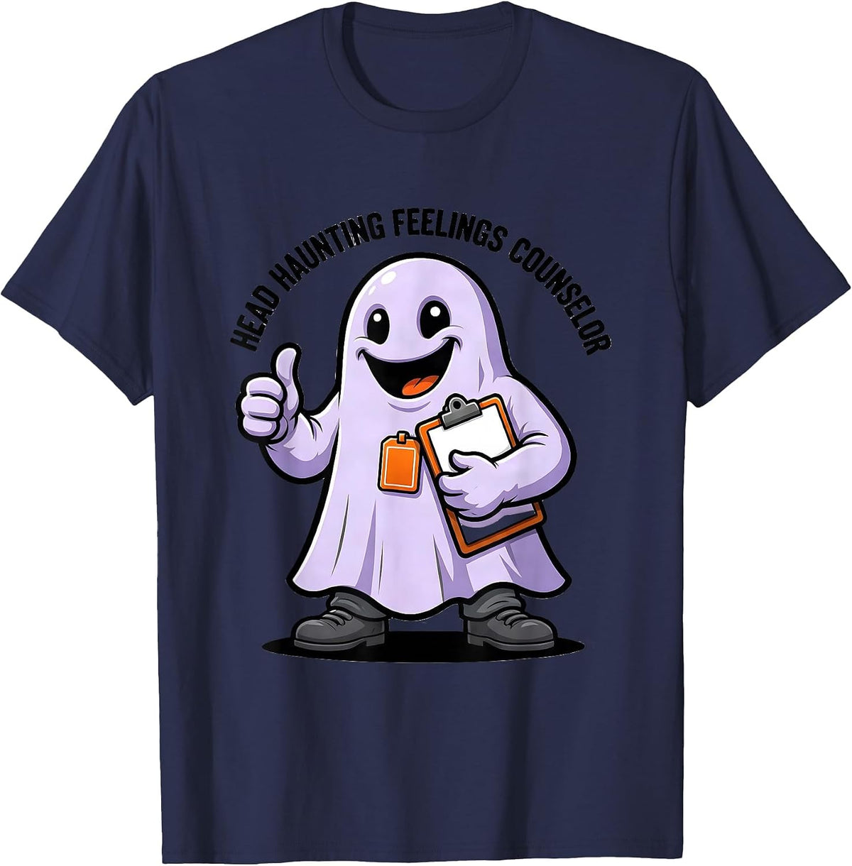 Men's Head Haunting Feelings Counselor Cartoon Halloween School T-Shirt - Navy Blue
