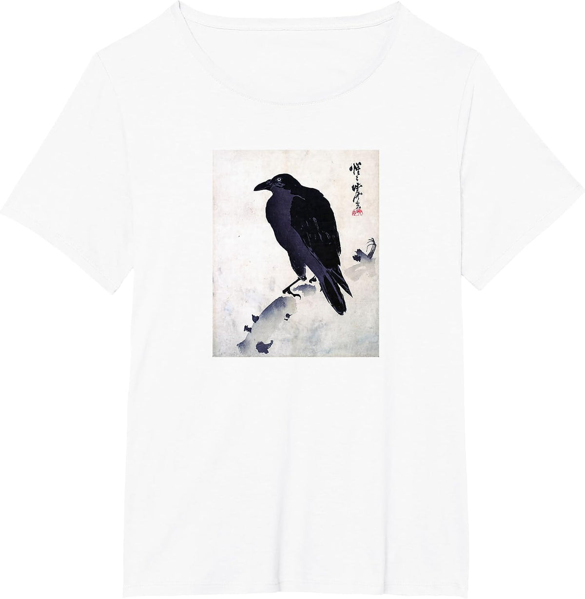 Japanese Crow Ink Art - Traditional Woodblock Bird T-Shirt - White