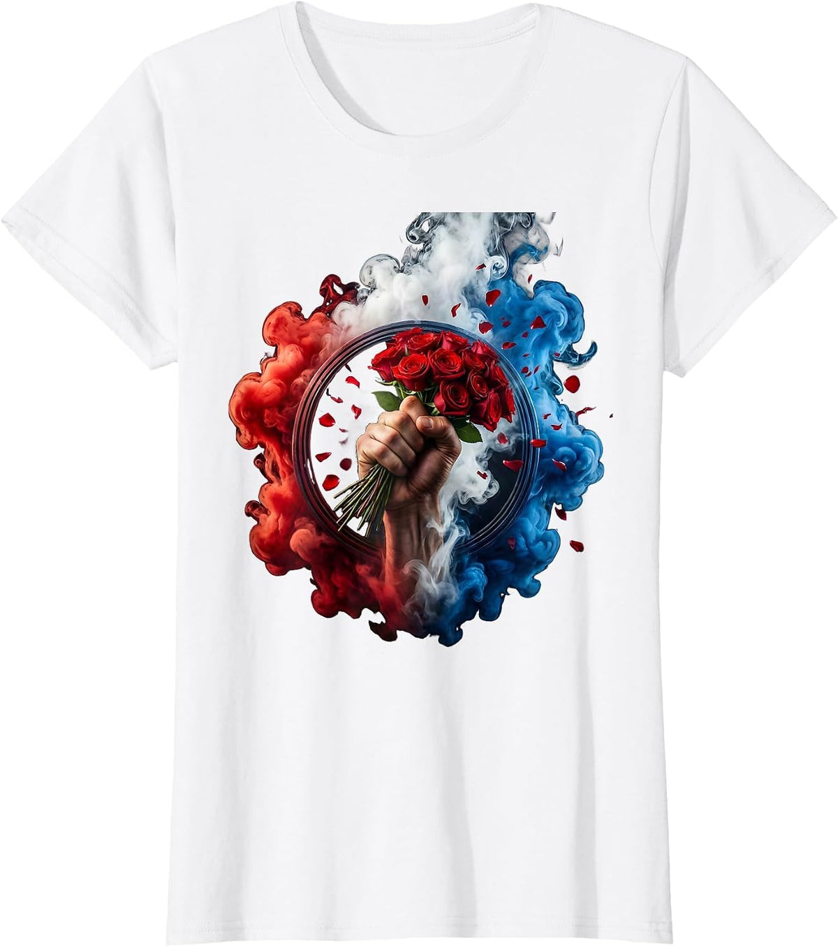 Women's Raised Fist Red Roses Patriotic Graphic Design T-Shirt - White