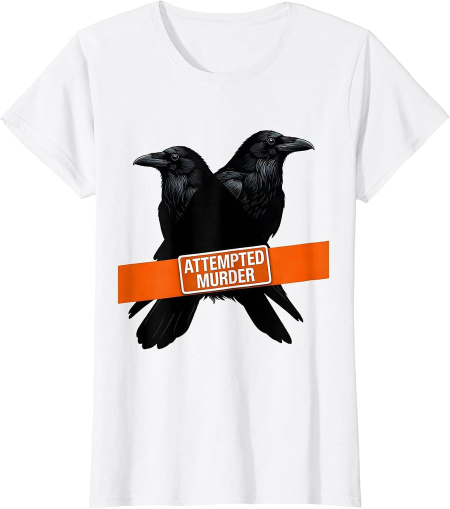 Women's Attempted Murder Brutalist Graphic Crow Pun Dark Humor T-Shirt - White