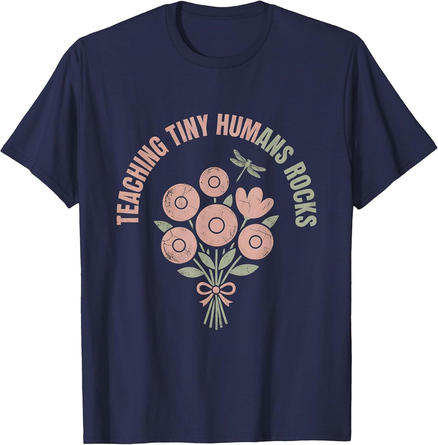 Teaching Tiny Humans Rocks Preschool Teacher Design T-Shirt - Navy Blue