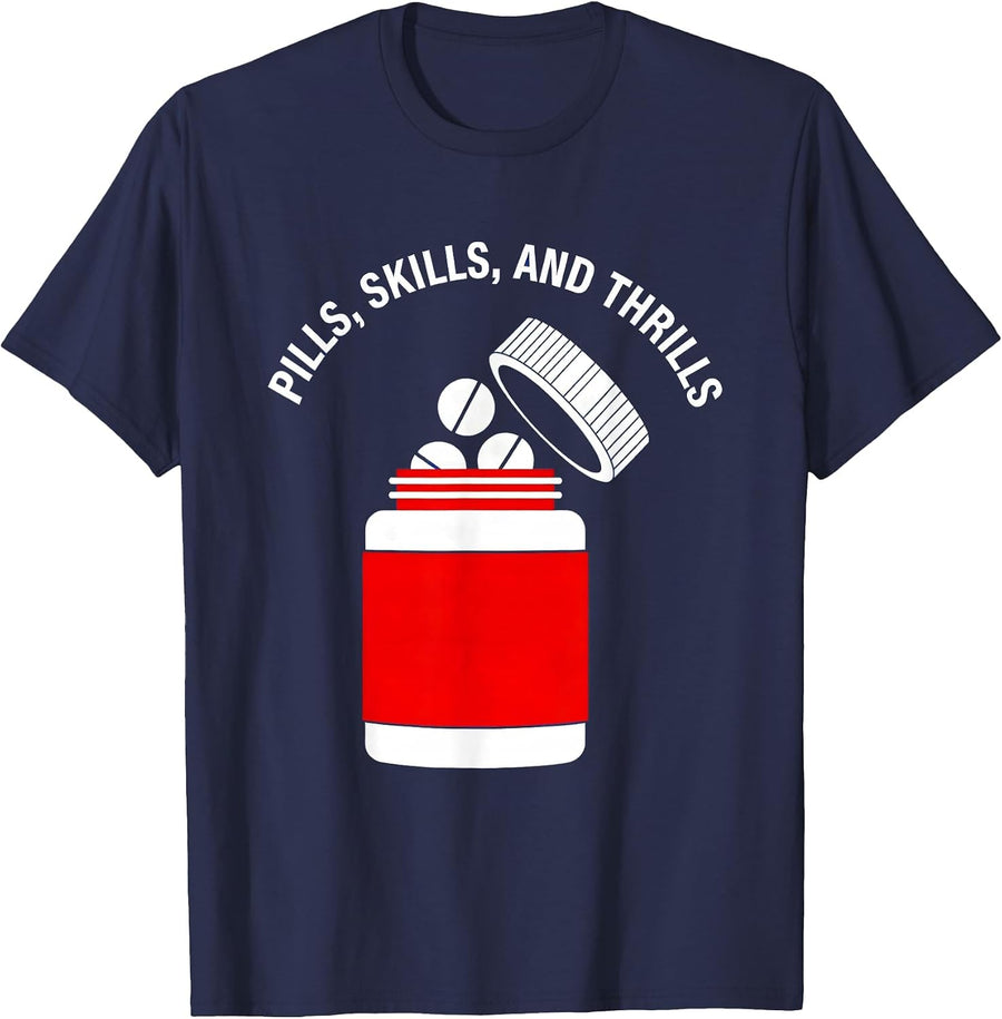 Pills Skills and Thrills Pharmacy Technician Design T-Shirt - Navy Blue