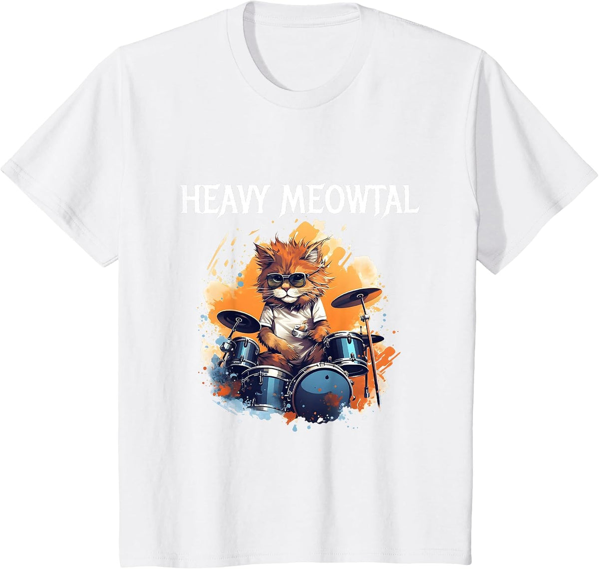Heavy Metal Cat Drummer Cat Playing Drum Meowtal T-Shirt - White