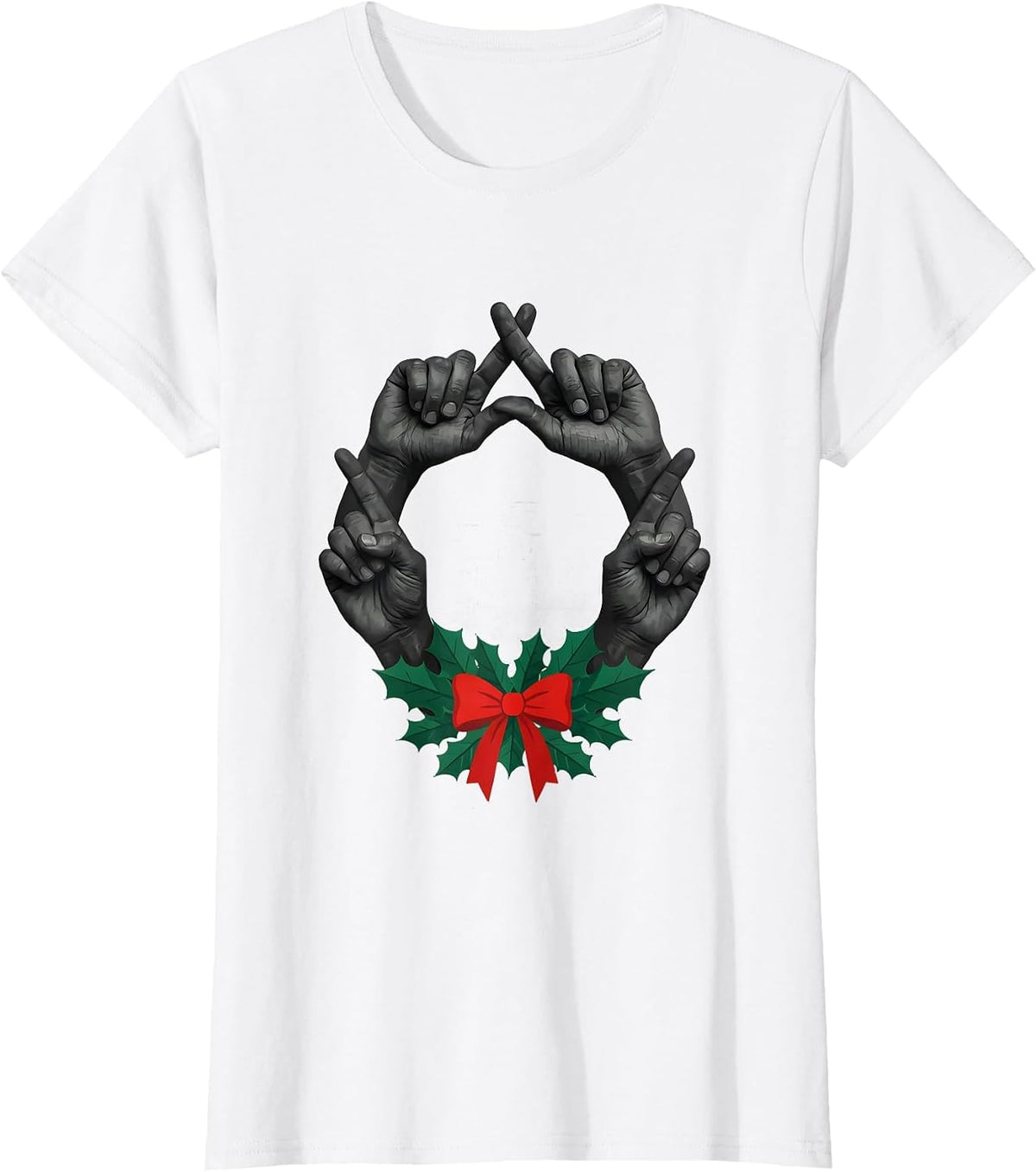 Women's Interlocked Hands Holiday Wreath Rock Metal Guitarist T-Shirt - White