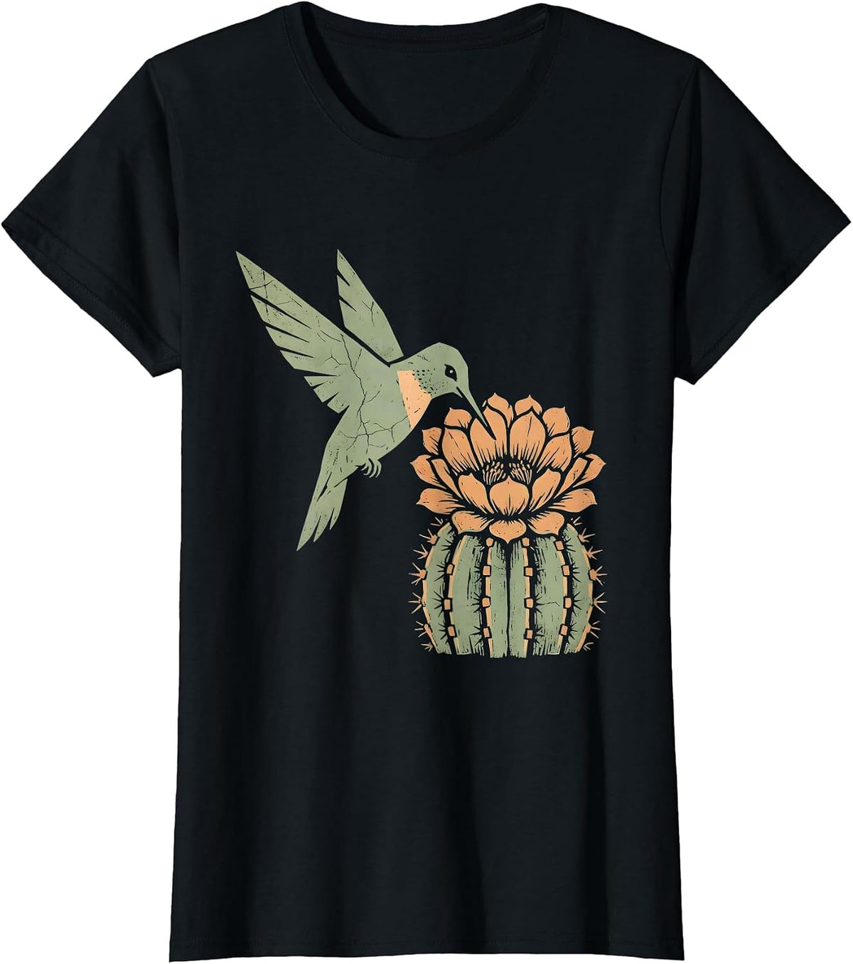 Boho Hummingbird Desert Cactus Flower Art T-Shirt - Black