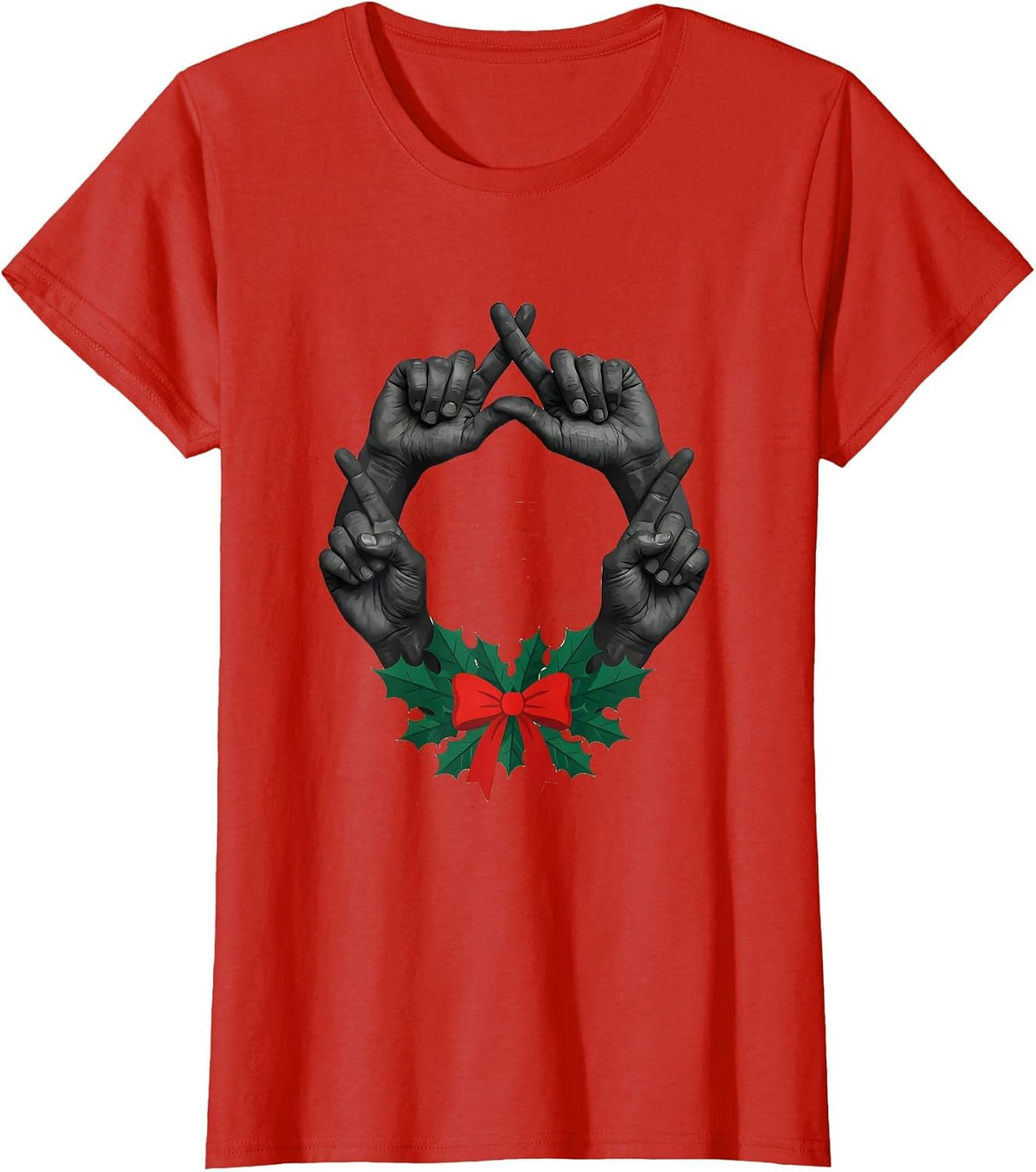 Women's Interlocked Hands Holiday Wreath Rock Metal Guitarist T-Shirt - Red