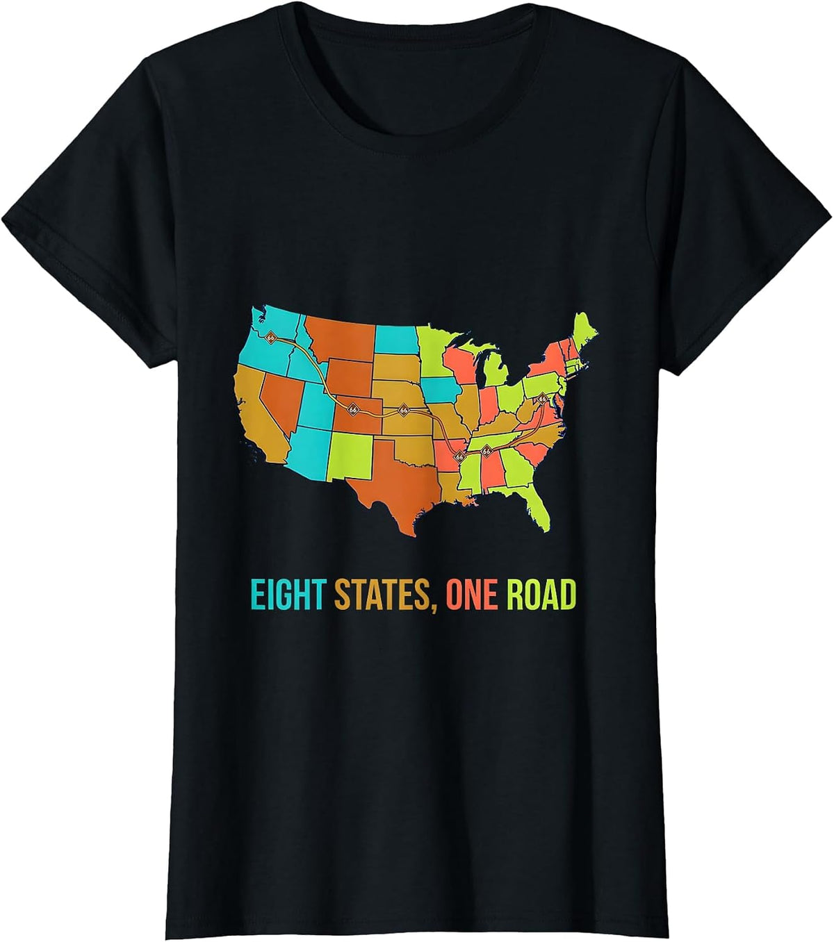 Eight States, One Road Route 66 Design T-Shirt - Black