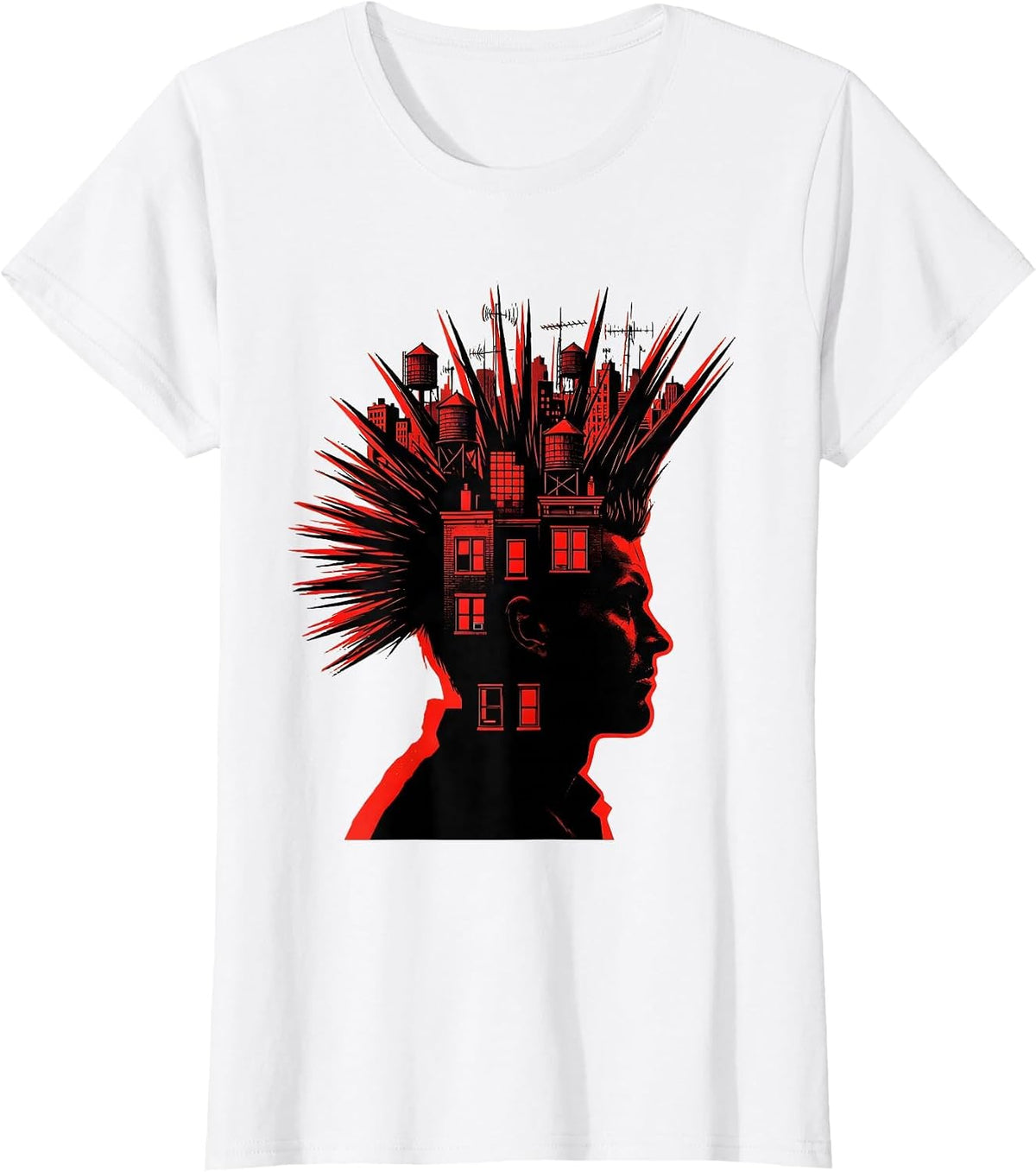 Punk Mohawk City Skyline Silhouette Design T-Shirt - White
