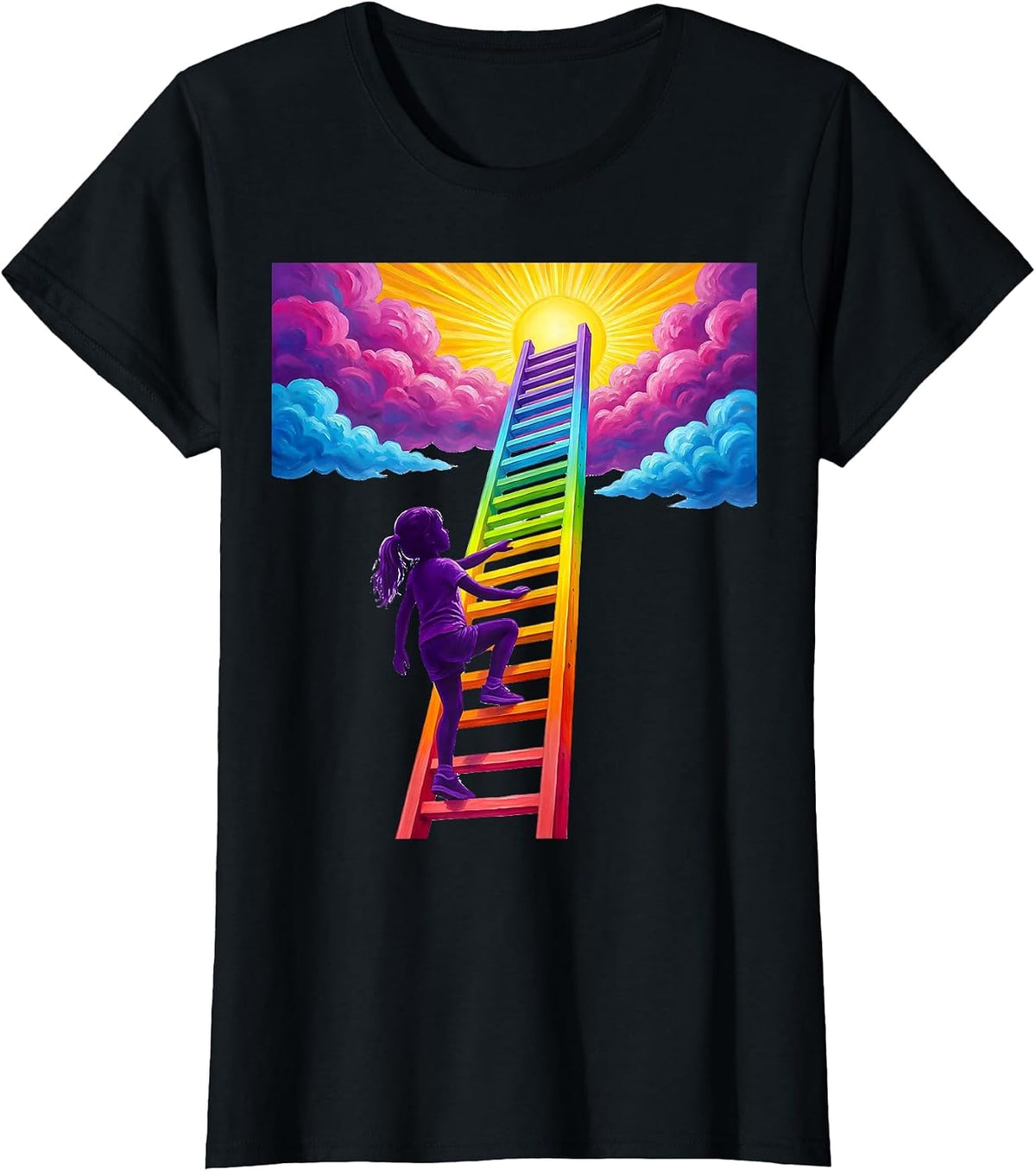 Girl Climbing Ladder to the Sky Illustration T-Shirt - Black